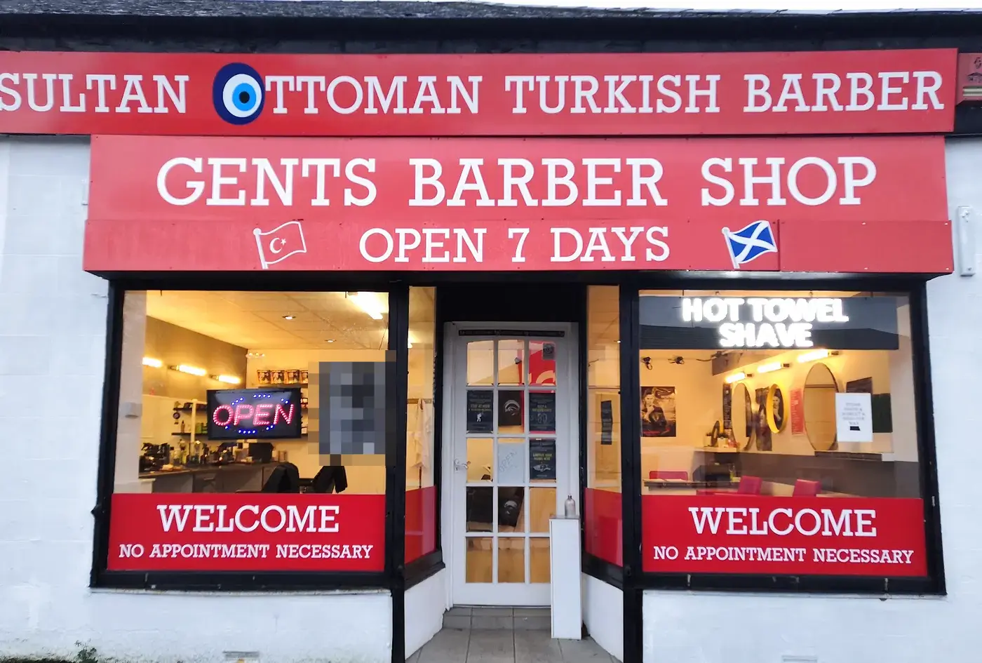 Sultan Ottoman Turkish Barber shopfront on Calderwood Road, Rutherglen